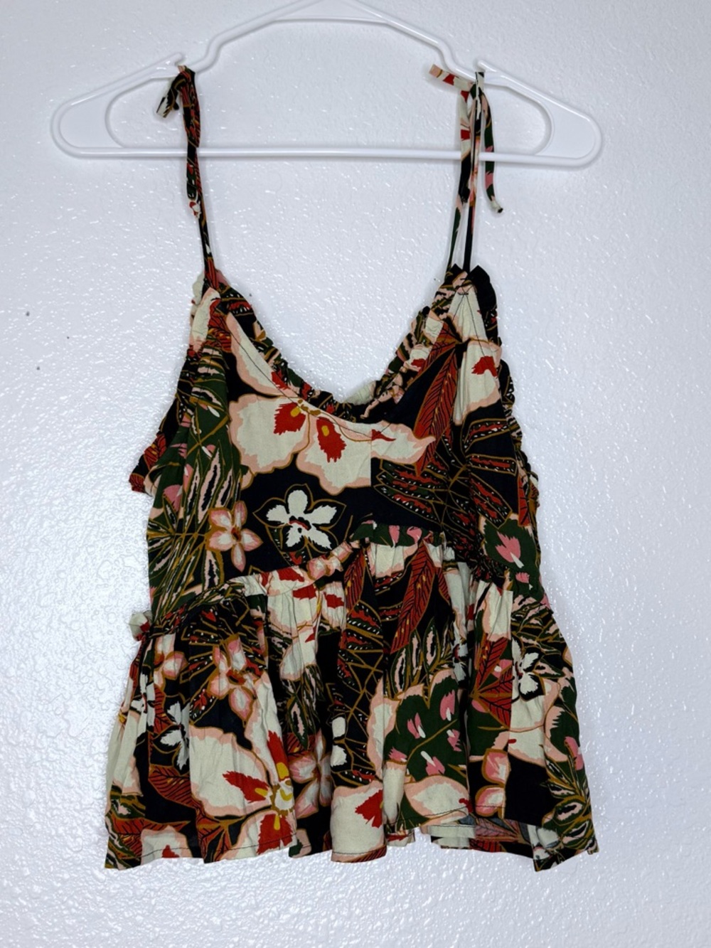 Patrons Of Peace Tie Strap Peplum Floral Tropical Ruffle Tank Top Medium